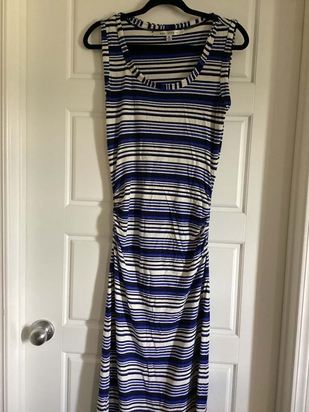 Max Studio Blue White Striped Sleeveless Ruched Maxi Dress Size M Style 4901F57